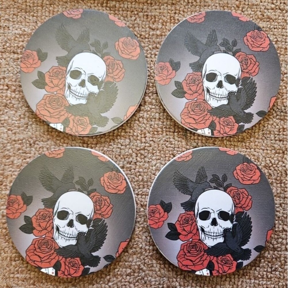 Skull And Roses Round Cork Back Ceramic Coasters Set Of 4